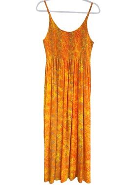 RAMA Orange Yellow Floral Rayon Maxi Dress Smocked Bodice Festival Boho - Large